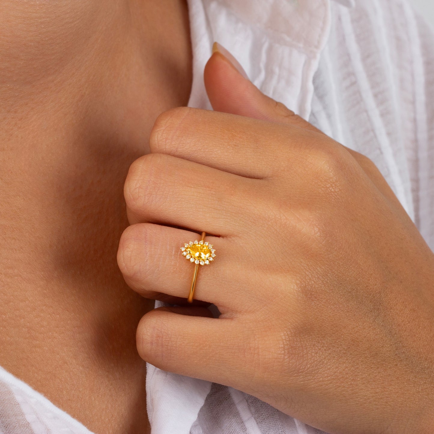 Teardrop Yellow Topaz Ring in 8K/10K/14K Solid Gold Surrounded with Real Diamonds, Birthstone Jewelry