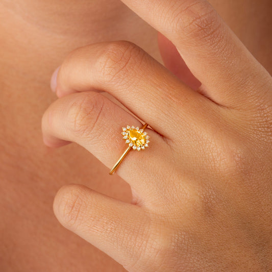 Teardrop Yellow Topaz Ring in 8K/10K/14K Solid Gold Surrounded with Real Diamonds, Birthstone Jewelry