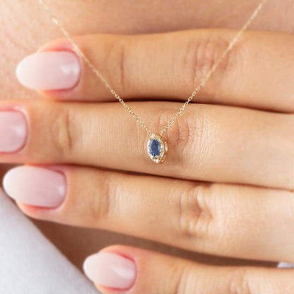 Sapphire Marquise Cut Necklace in 8K/10K/14K Solid Gold with Real Diamonds, September Birthstone