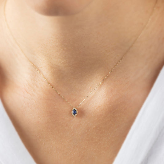 Sapphire Marquise Cut Necklace in 8K/10K/14K Solid Gold with Real Diamonds, September Birthstone