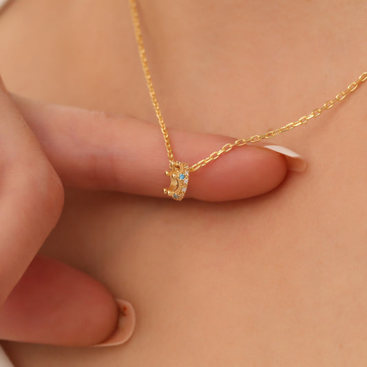 Crown Blue Topaz Necklace in 14K Solid Gold with Real Diamonds | December Birthstone Queen Jewelry Necklace