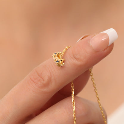 Crown Sapphire Necklace in 14K Solid Gold with Real Diamonds | September Birthstone Queen Jewelry Necklace