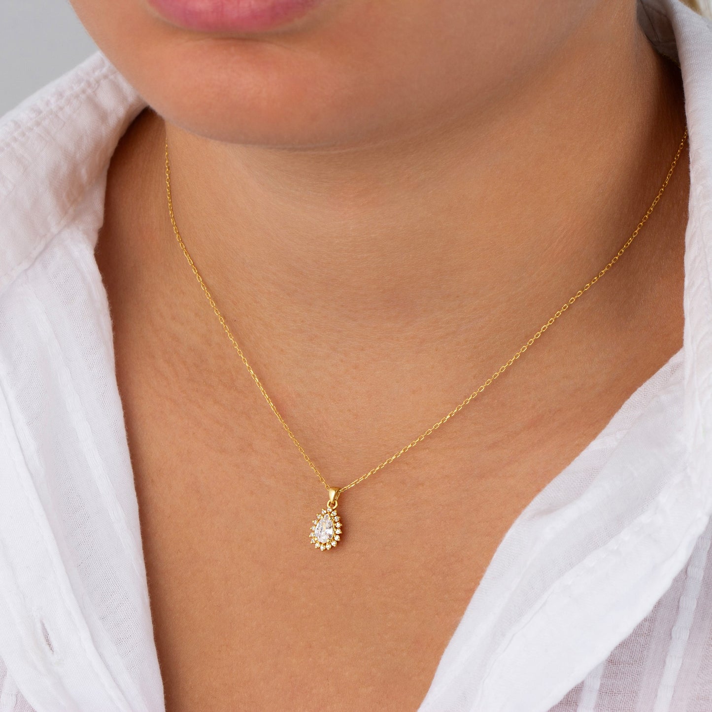 Teardrop White Topaz Bezel Necklace in 8K/10K/14K Solid Gold Surrounded with Real Diamonds, April Birthstone Jewelry