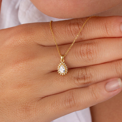 Teardrop White Topaz Bezel Necklace in 8K/10K/14K Solid Gold Surrounded with Real Diamonds, April Birthstone Jewelry