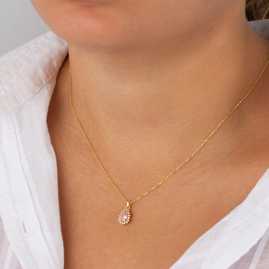 Teardrop Pink Tourmaline Bezel Necklace in 8K/10K/14K Solid Gold Surrounded with Real Diamonds, October Birthstone Jewelry