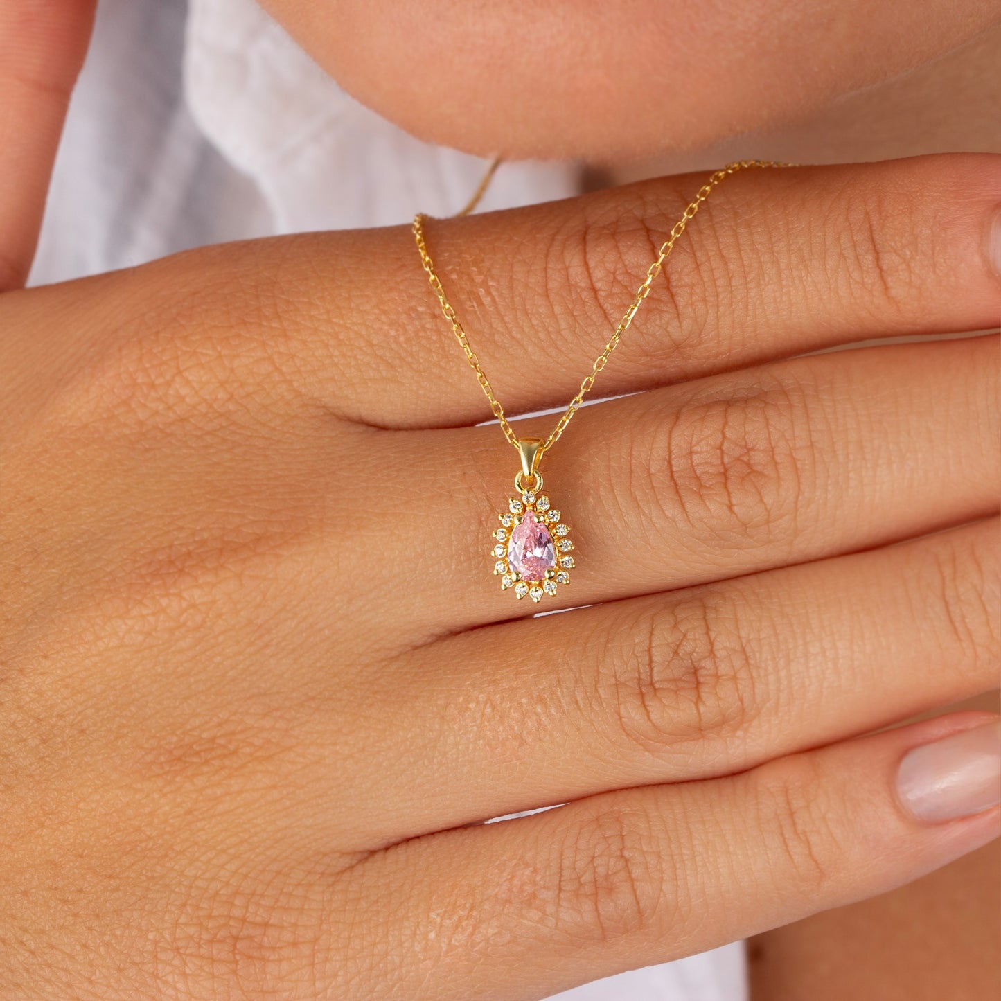 Teardrop Pink Tourmaline Bezel Necklace in 8K/10K/14K Solid Gold Surrounded with Real Diamonds, October Birthstone Jewelry