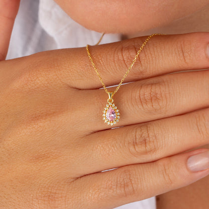 Teardrop Pink Tourmaline Bezel Necklace in 8K/10K/14K Solid Gold Surrounded with Real Diamonds, October Birthstone Jewelry
