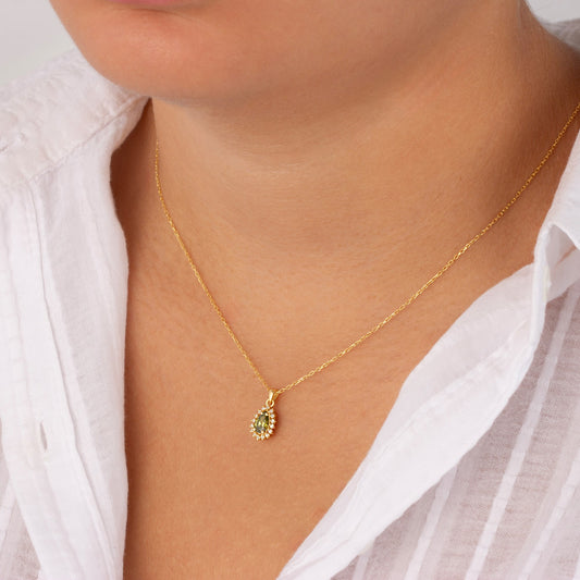 Teardrop Peridot Bezel Necklace in 8K/10K/14K Solid Gold Surrounded with Real Diamonds, August Birthstone Jewelry