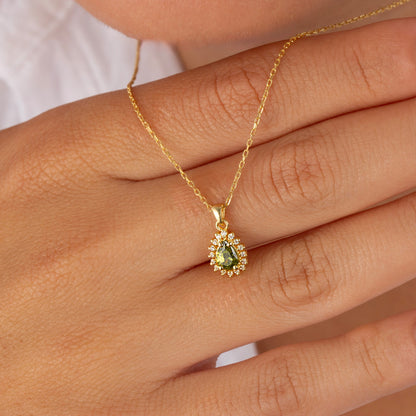 Teardrop Peridot Bezel Necklace in 8K/10K/14K Solid Gold Surrounded with Real Diamonds, August Birthstone Jewelry