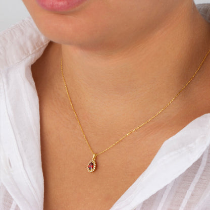 Teardrop Garnet Bezel Necklace in 8K/10K/14K Solid Gold Surrounded with Real Diamonds, January Birthstone Jewelry
