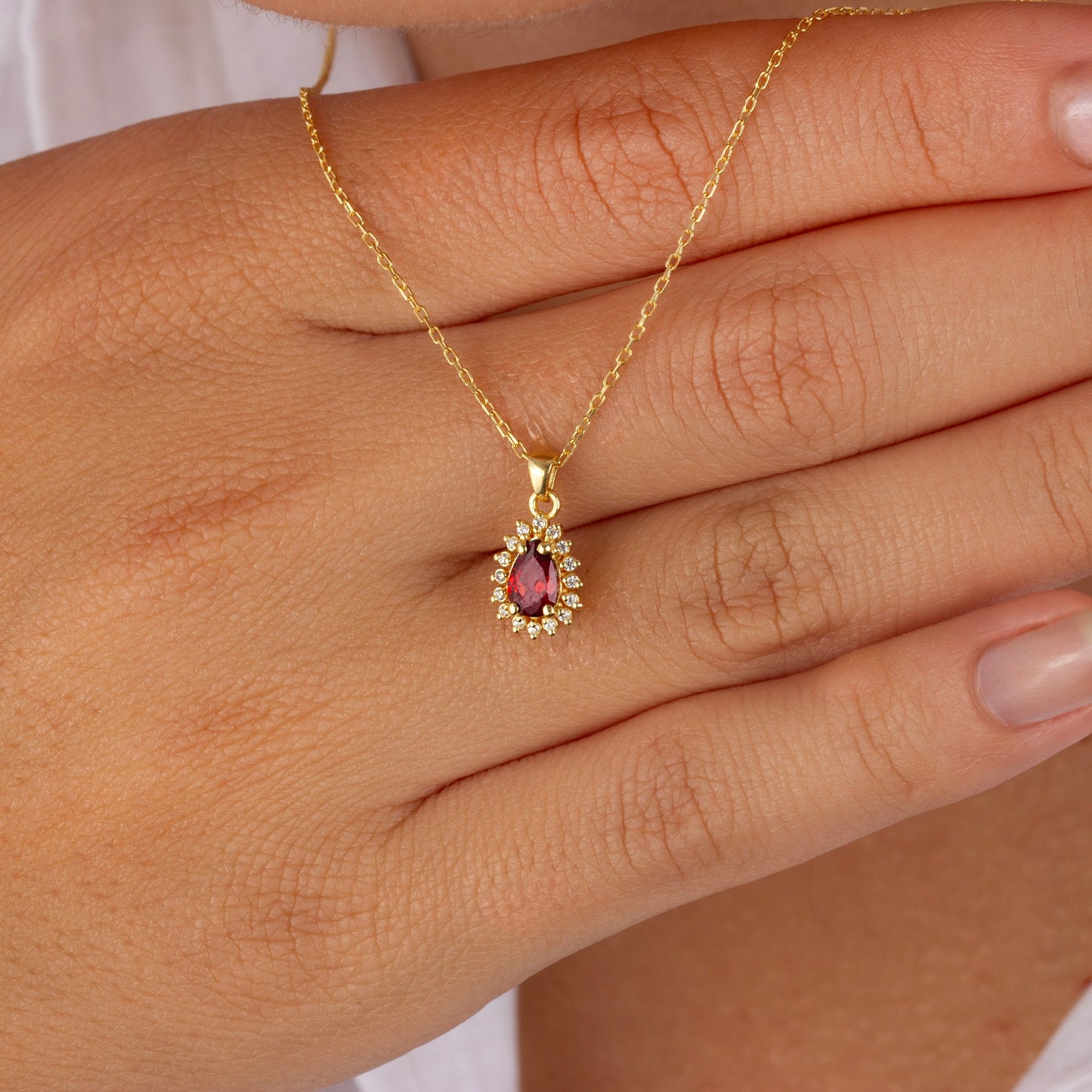 Teardrop Garnet Bezel Necklace in 8K/10K/14K Solid Gold Surrounded with Real Diamonds, January Birthstone Jewelry