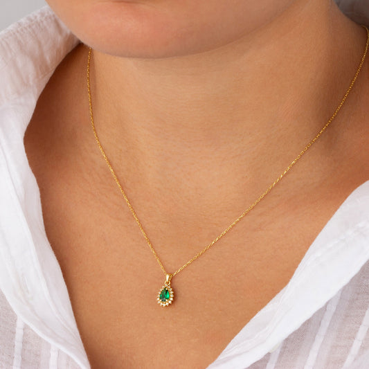 Teardrop Emerald Bezel Necklace in 8K/10K/14K Solid Gold Surrounded with Real Diamonds, May Birthstone Jewelry