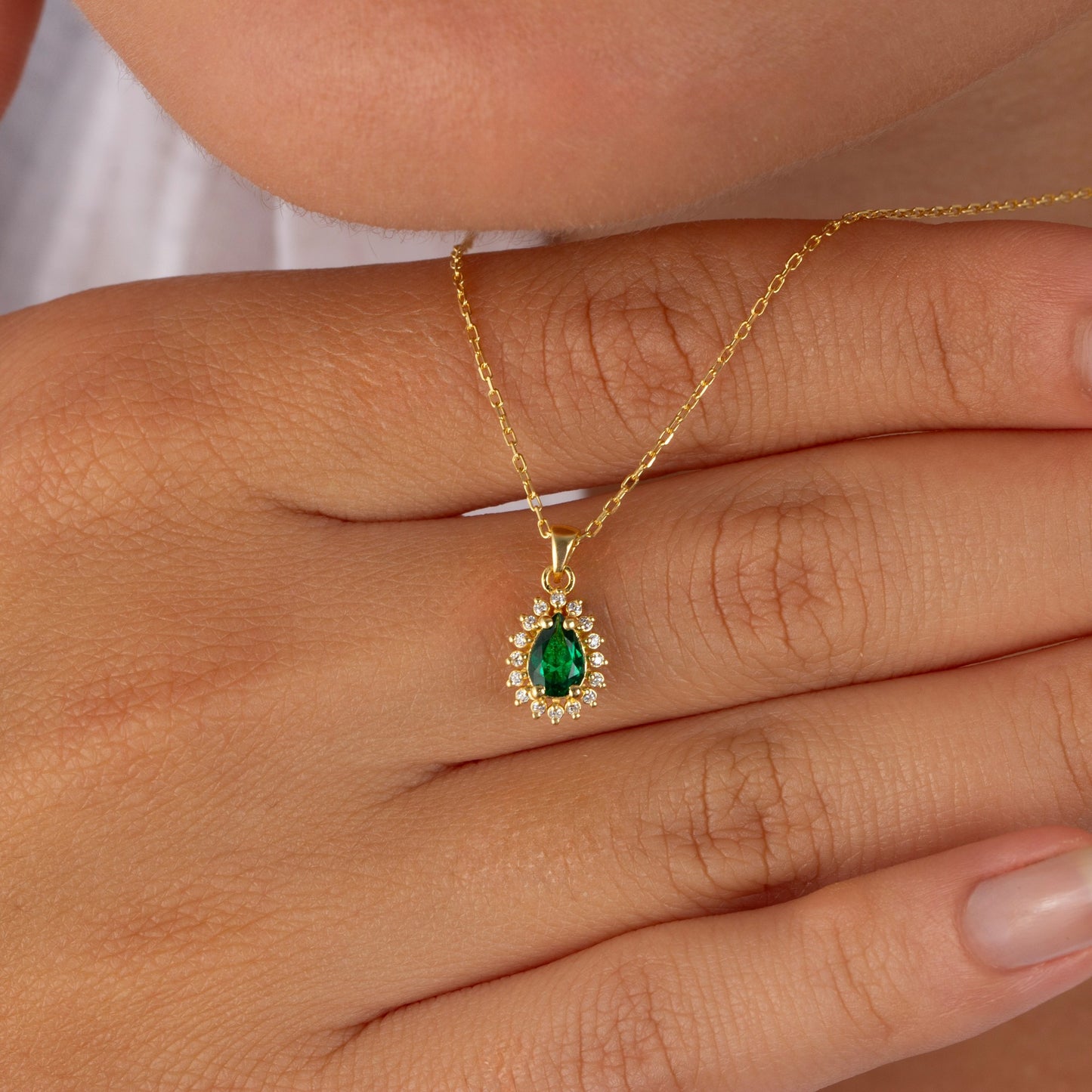 Teardrop Emerald Bezel Necklace in 8K/10K/14K Solid Gold Surrounded with Real Diamonds, May Birthstone Jewelry
