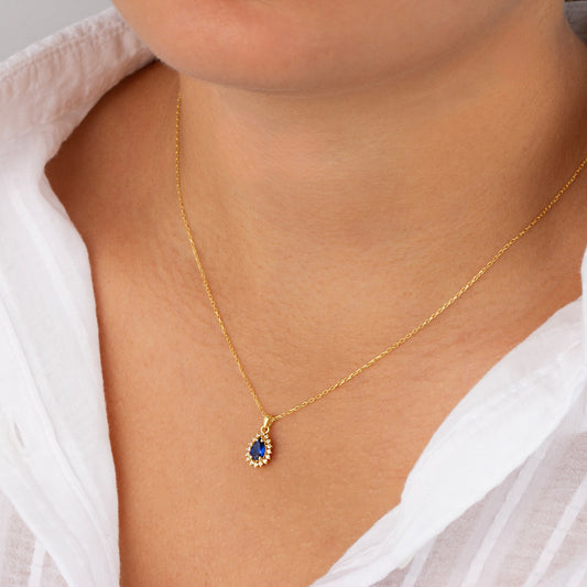 Teardrop Sapphire Bezel Necklace in 8K/10K/14K Solid Gold Surrounded with Real Diamonds, September Birthstone Jewelry