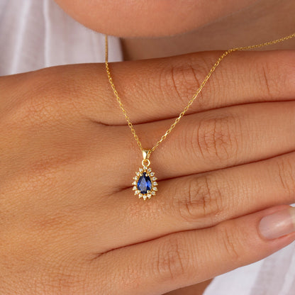 Teardrop Sapphire Bezel Necklace in 8K/10K/14K Solid Gold Surrounded with Real Diamonds, September Birthstone Jewelry