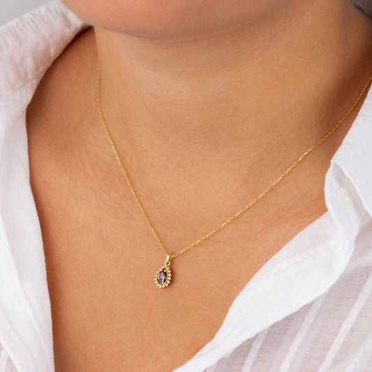 Teardrop Amethyst Bezel Necklace in 8K/10K/14K Solid Gold Surrounded with Real Diamonds, February Birthstone Jewelry