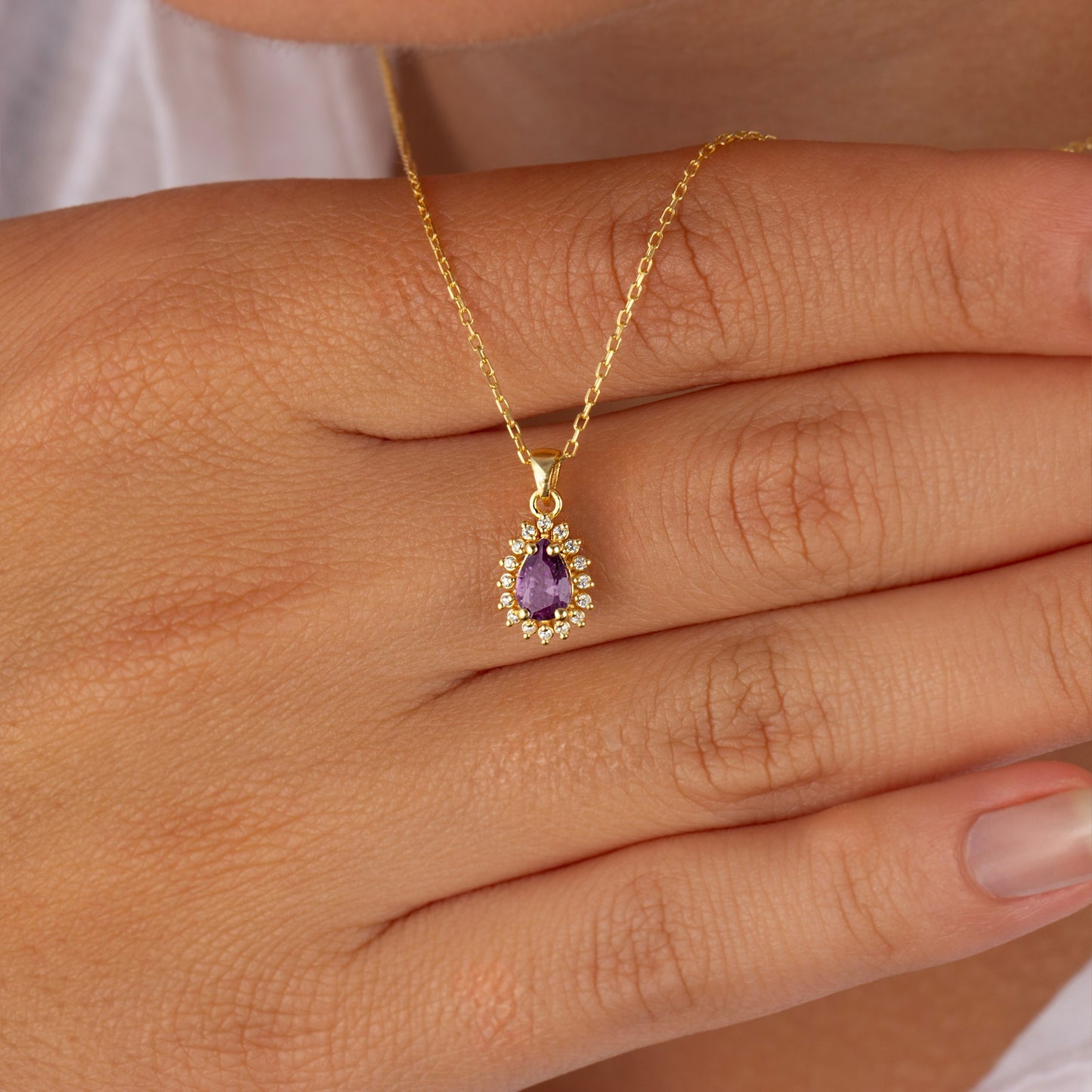 Teardrop Amethyst Bezel Necklace in 8K/10K/14K Solid Gold Surrounded with Real Diamonds, February Birthstone Jewelry