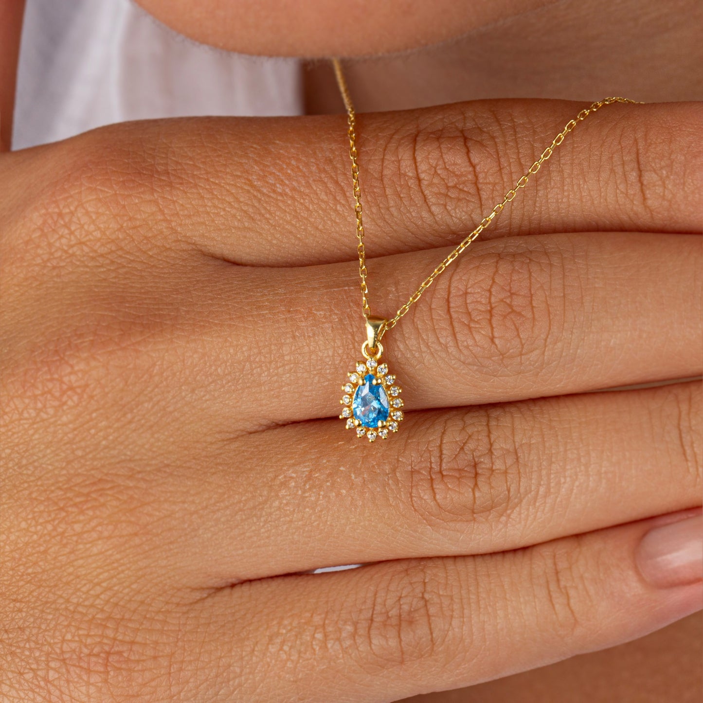Teardrop Blue Topaz Bezel Necklace in 8K/10K/14K Solid Gold Surrounded with Real Diamonds, December Birthstone Jewelry