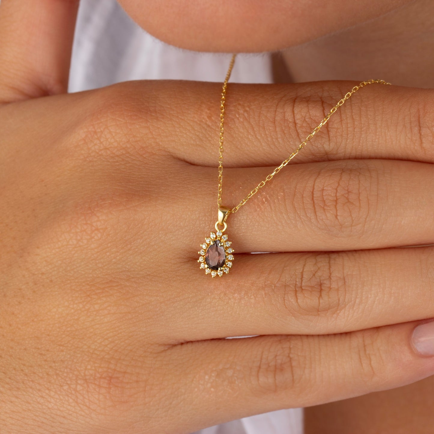 Teardrop Smoky Quartz Bezel Necklace in 8K/10K/14K Solid Gold Surrounded with Real Diamonds, Birthstone Jewelry