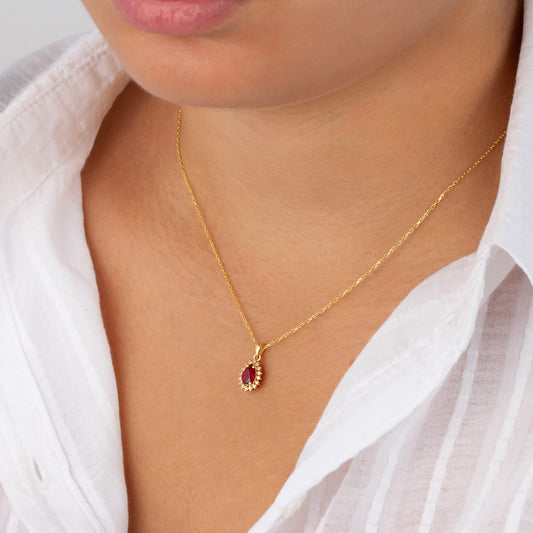 Teardrop Ruby Bezel Necklace in 8K/10K/14K Solid Gold Surrounded with Real Diamonds, July Birthstone Jewelry
