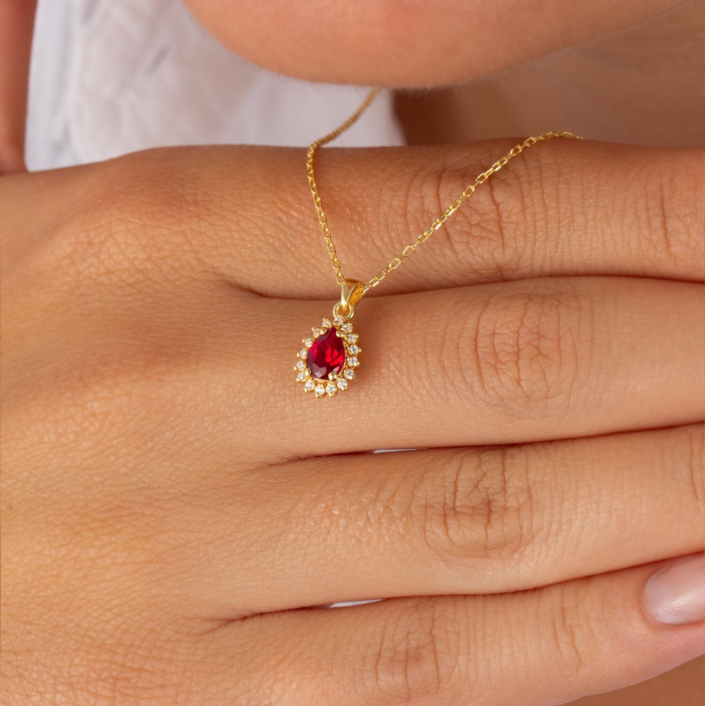 Teardrop Ruby Bezel Necklace in 8K/10K/14K Solid Gold Surrounded with Real Diamonds, July Birthstone Jewelry