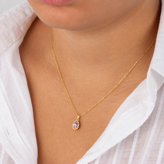 Teardrop Alexandrite Bezel Necklace in 8K/10K/14K Solid Gold Surrounded with Real Diamonds, June Birthstone Jewelry
