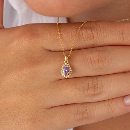 Teardrop Alexandrite Bezel Necklace in 8K/10K/14K Solid Gold Surrounded with Real Diamonds, June Birthstone Jewelry