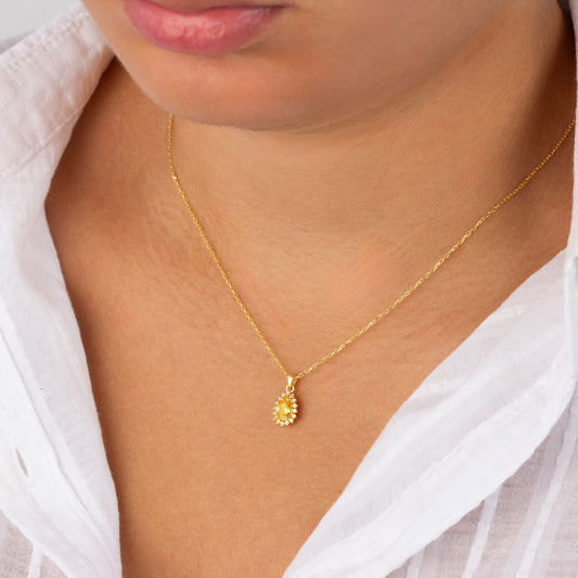 Teardrop Yellow Topaz Bezel Necklace in 8K/10K/14K Solid Gold Surrounded with Real Diamonds, Birthstone Jewelry