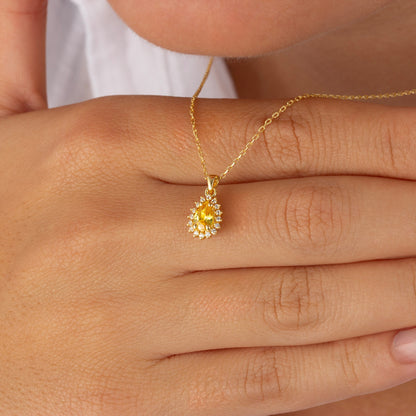 Teardrop Yellow Topaz Bezel Necklace in 8K/10K/14K Solid Gold Surrounded with Real Diamonds, Birthstone Jewelry