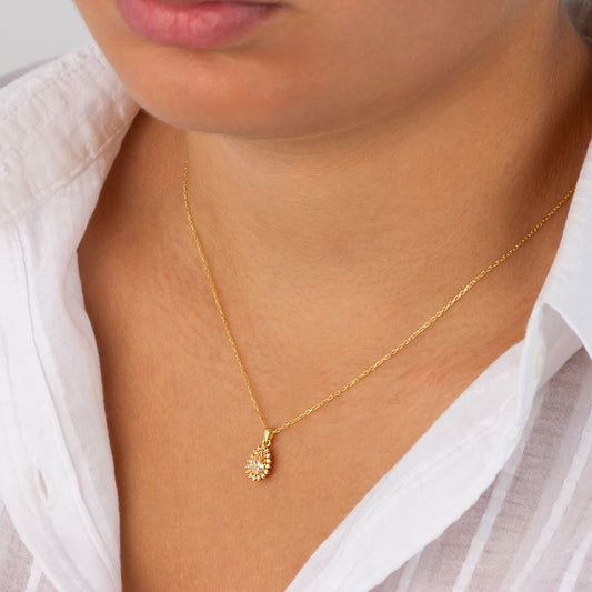 Teardrop Citrine Bezel Necklace in 8K/10K/14K Solid Gold Surrounded with Real Diamonds, November Birthstone Jewelry