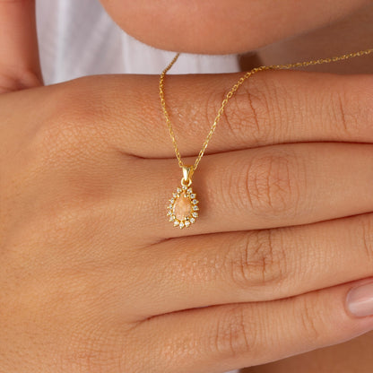 Teardrop Citrine Bezel Necklace in 8K/10K/14K Solid Gold Surrounded with Real Diamonds, November Birthstone Jewelry