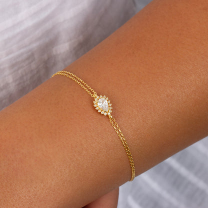 Teardrop White Topaz Bezel Bracelet in 8K/10K/14K Solid Gold Surrounded with Real Diamonds, April Birthstone Jewelry