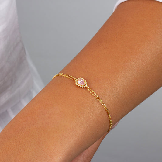 Teardrop Pink Tourmaline Bezel Bracelet in 8K/10K/14K Solid Gold Surrounded with Real Diamonds, October Birthstone Jewelry