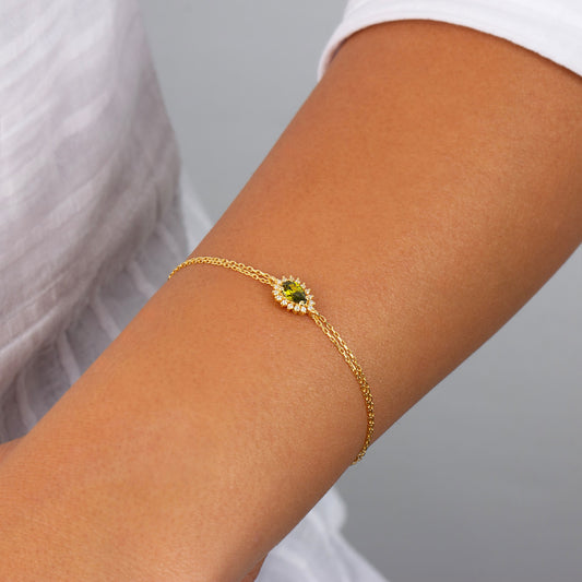 Teardrop Peridot Bezel Bracelet in 8K/10K/14K Solid Gold Surrounded with Real Diamonds, August Birthstone Jewelry