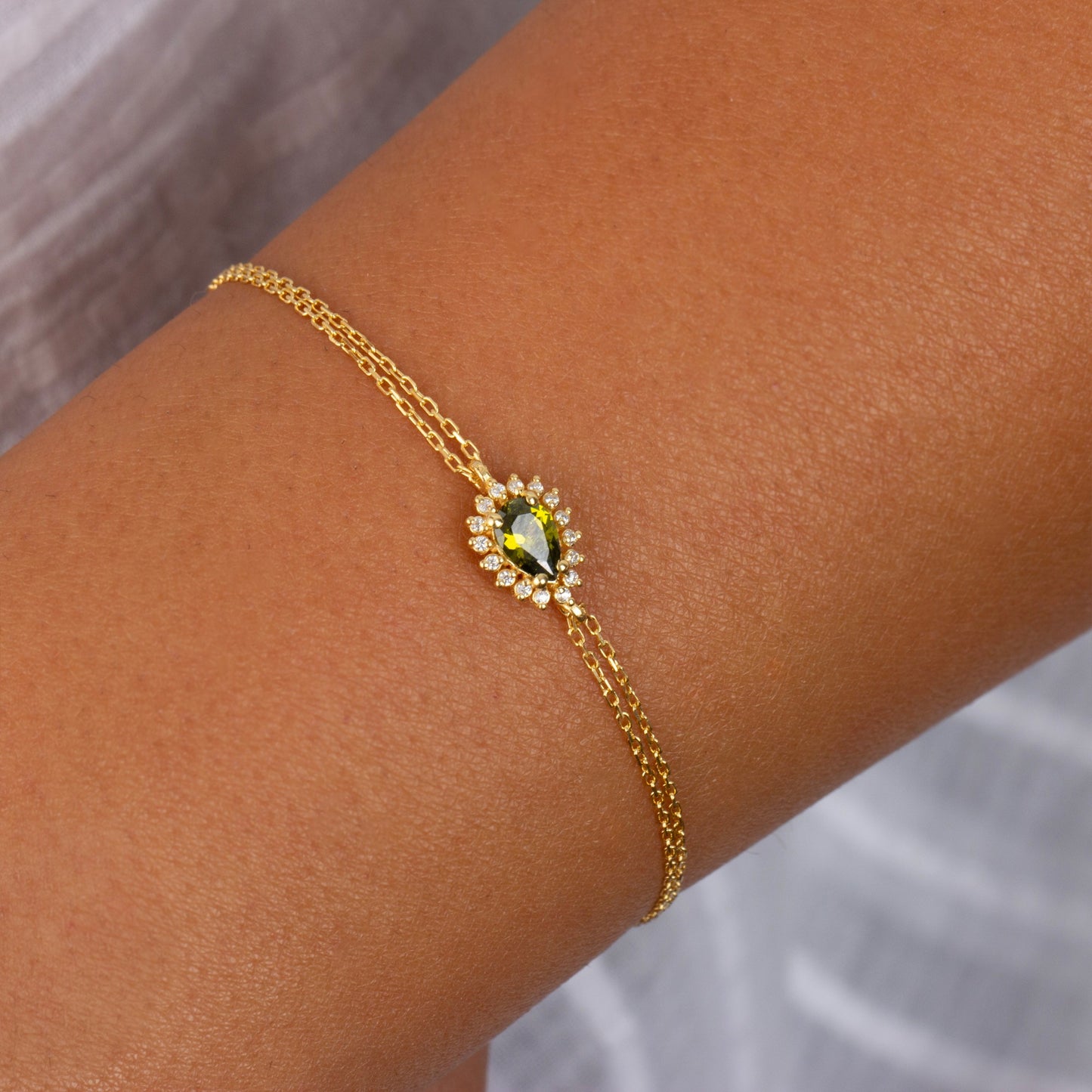 Teardrop Peridot Bezel Bracelet in 8K/10K/14K Solid Gold Surrounded with Real Diamonds, August Birthstone Jewelry