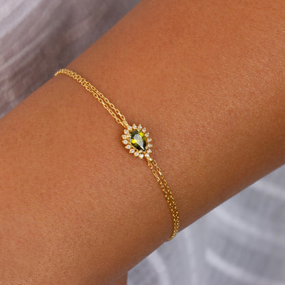 Teardrop Peridot Bezel Bracelet in 8K/10K/14K Solid Gold Surrounded with Real Diamonds, August Birthstone Jewelry