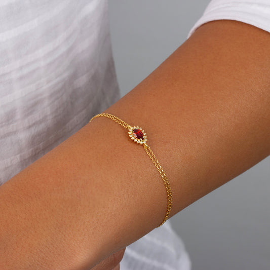 Teardrop Garnet Bezel Bracelet in  8K/10K/14K Solid Gold Surrounded with Real Diamonds, January Birthstone Jewelry