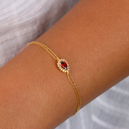 Teardrop Garnet Bezel Bracelet in  8K/10K/14K Solid Gold Surrounded with Real Diamonds, January Birthstone Jewelry