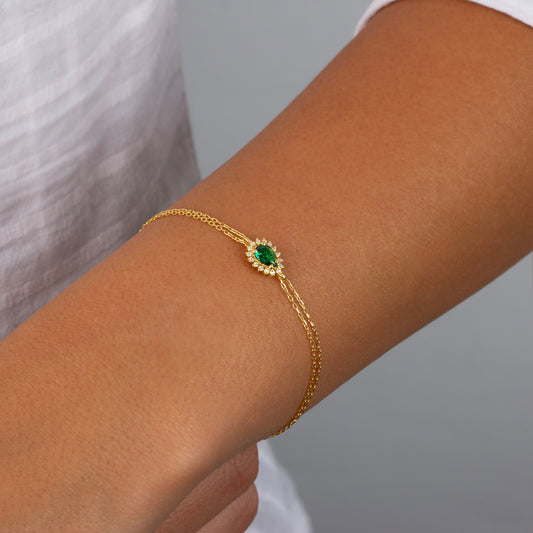Teardrop Emerald Bezel Bracelet in 8K/10K/14K Solid Gold Surrounded with Real Diamonds, May Birthstone Jewelry