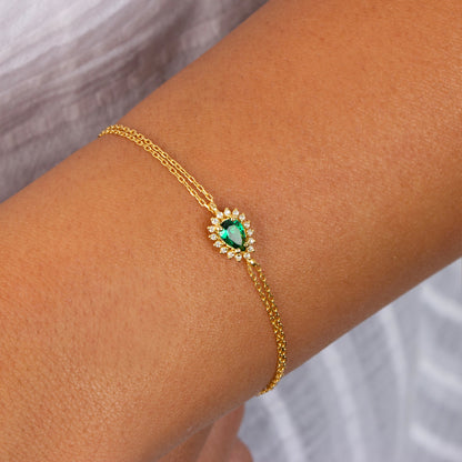 Teardrop Emerald Bezel Bracelet in 8K/10K/14K Solid Gold Surrounded with Real Diamonds, May Birthstone Jewelry