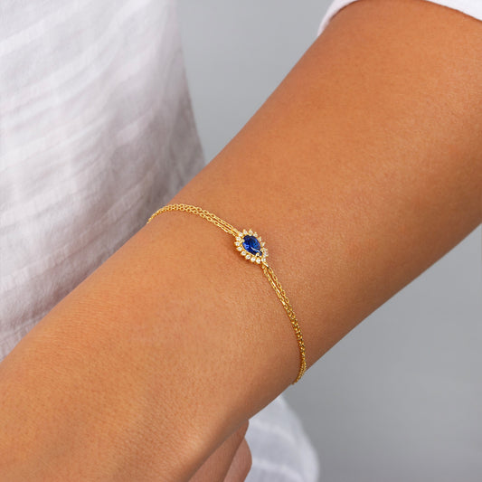 Teardrop Sapphire Bezel Bracelet in 8K/10K/14K Solid Gold Surrounded with Real Diamonds, September Birthstone Jewelry