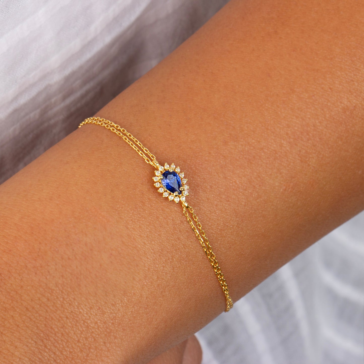 Teardrop Sapphire Bezel Bracelet in 8K/10K/14K Solid Gold Surrounded with Real Diamonds, September Birthstone Jewelry