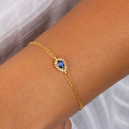 Teardrop Sapphire Bezel Bracelet in 8K/10K/14K Solid Gold Surrounded with Real Diamonds, September Birthstone Jewelry