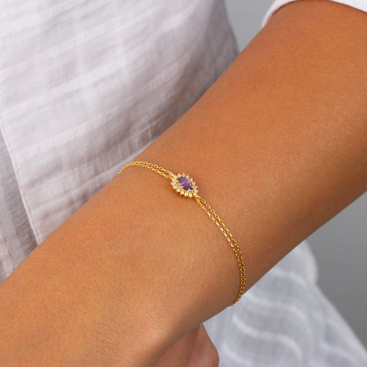 Teardrop Amethyst Bezel Bracelet in 8K/10K/14K Solid Gold Surrounded with Real Diamonds, February Birthstone Jewelry