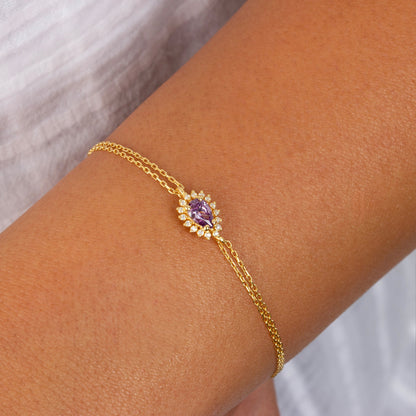 Teardrop Amethyst Bezel Bracelet in 8K/10K/14K Solid Gold Surrounded with Real Diamonds, February Birthstone Jewelry