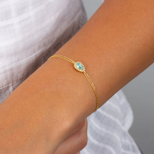 Teardrop Aquamarine Bezel Bracelet in 8K/10K/14K Solid Gold Surrounded with Real Diamonds, March Birthstone Jewelry