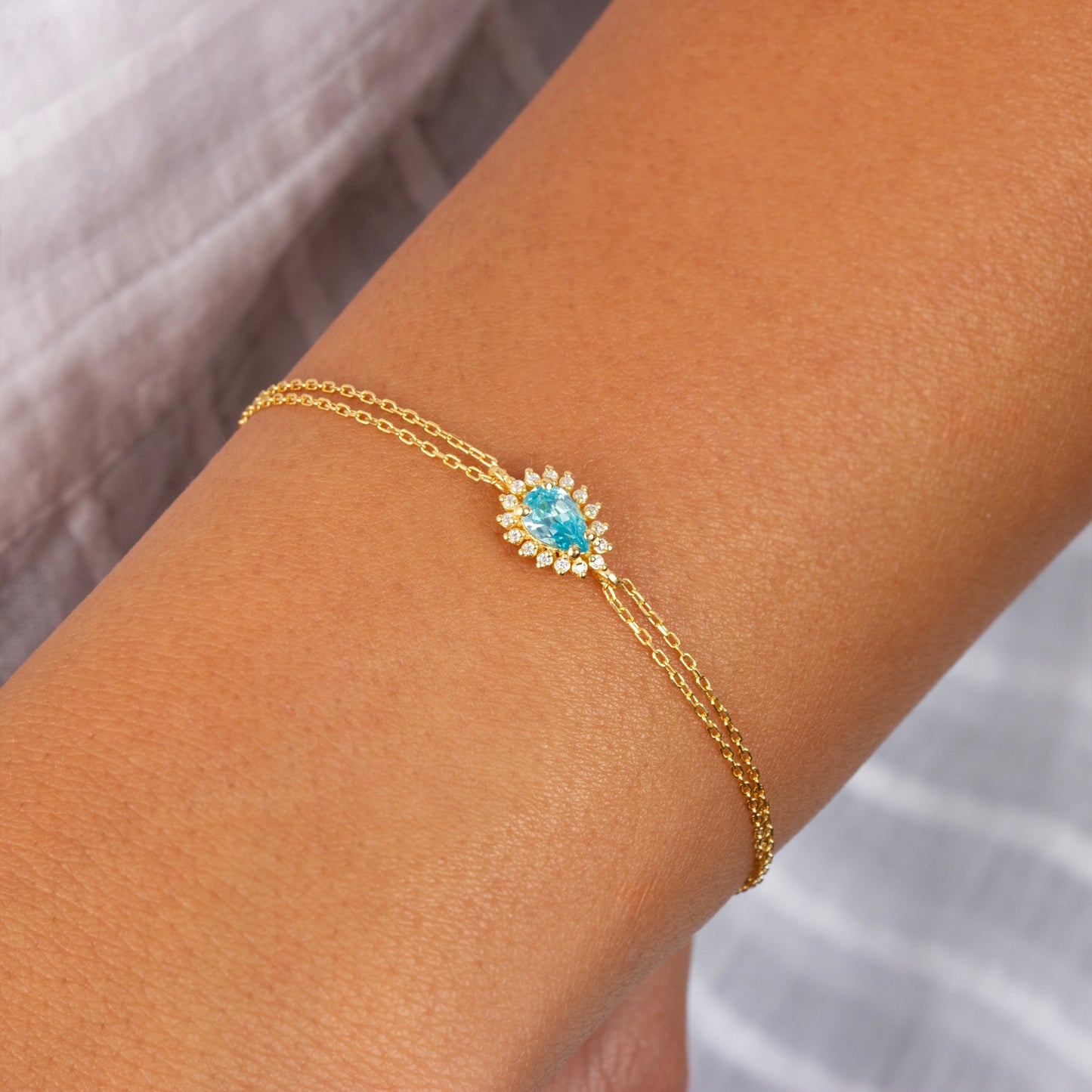Teardrop Aquamarine Bezel Bracelet in 8K/10K/14K Solid Gold Surrounded with Real Diamonds, March Birthstone Jewelry