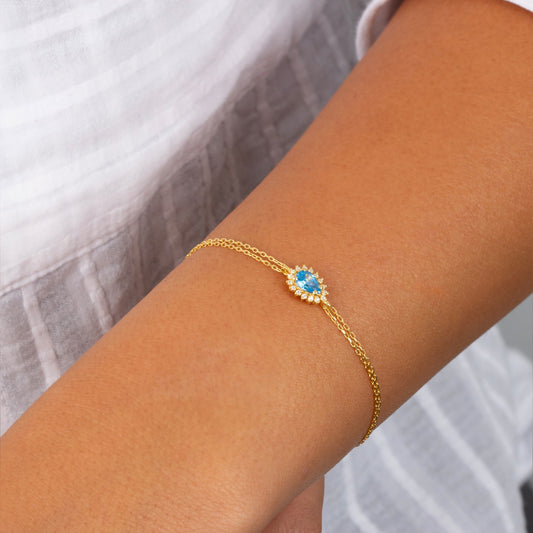 Teardrop Blue Topaz Bezel Bracelet in 14K Solid Gold Surrounded with Real Diamonds, December Birthstone Jewelry