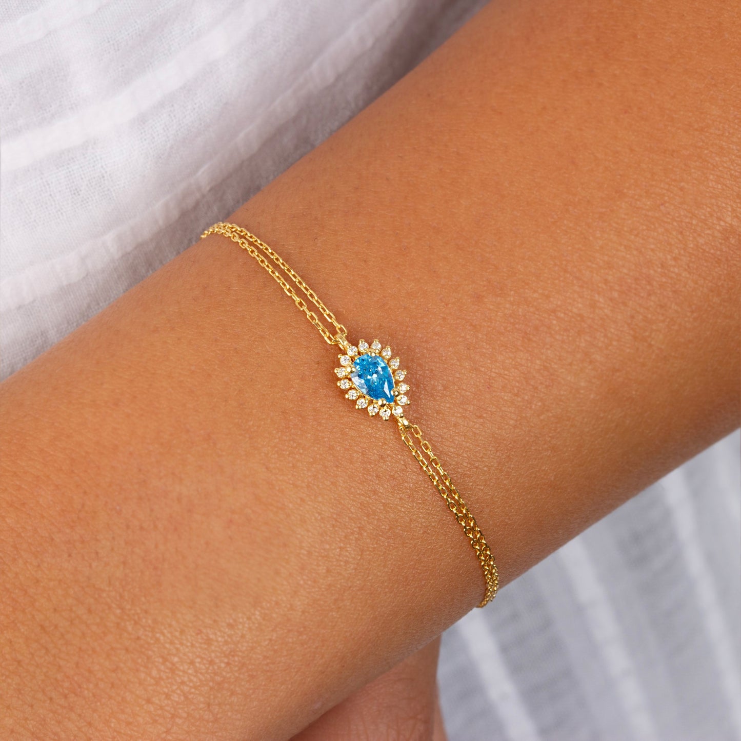 Teardrop Blue Topaz Bezel Bracelet in 8K/10K/14K Solid Gold Surrounded with Real Diamonds, December Birthstone Jewelry