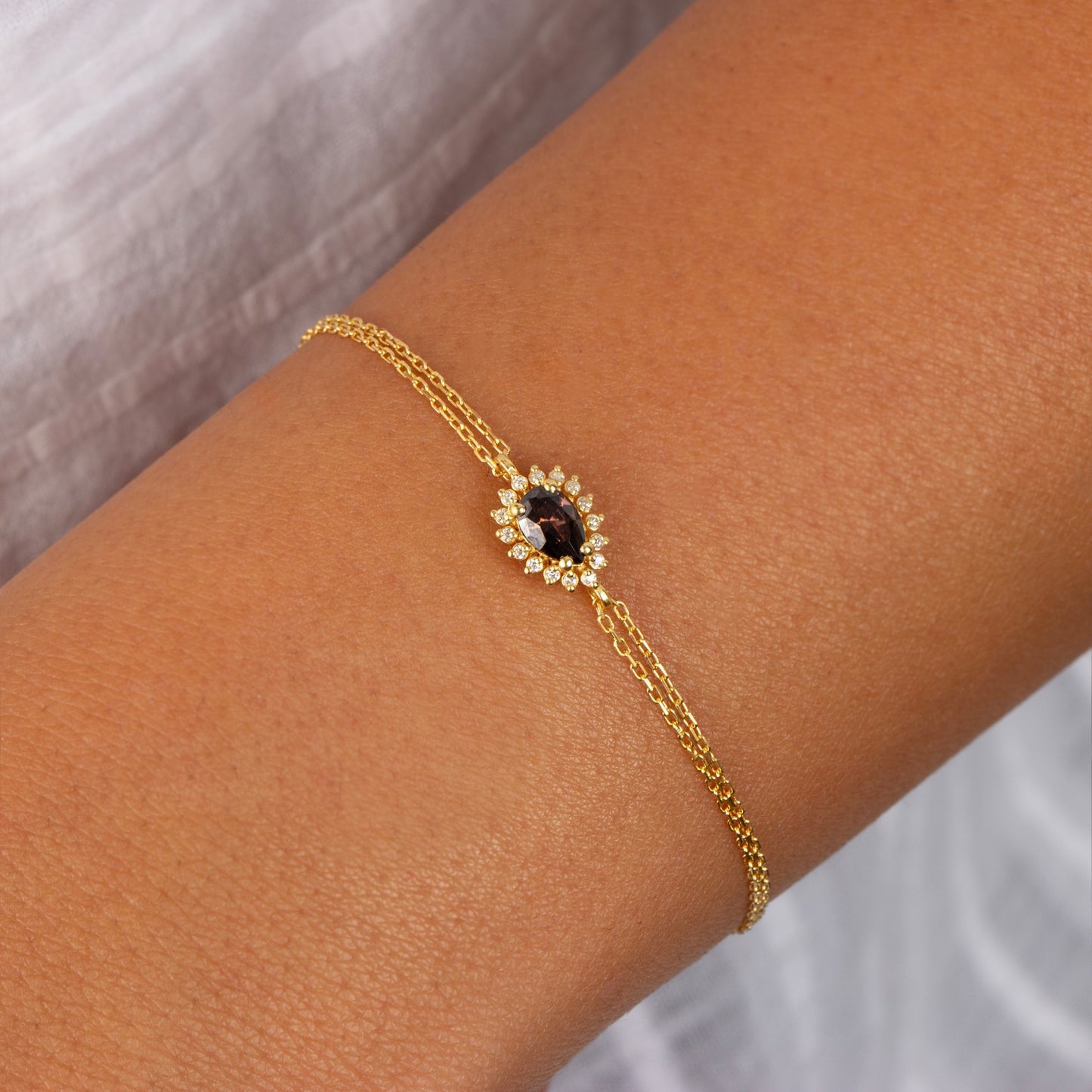 Teardrop Smoky Quartz Bezel Bracelet in 8K/10K/14K Solid Gold Surrounded with Real Diamonds, November Birthstone Jewelry
